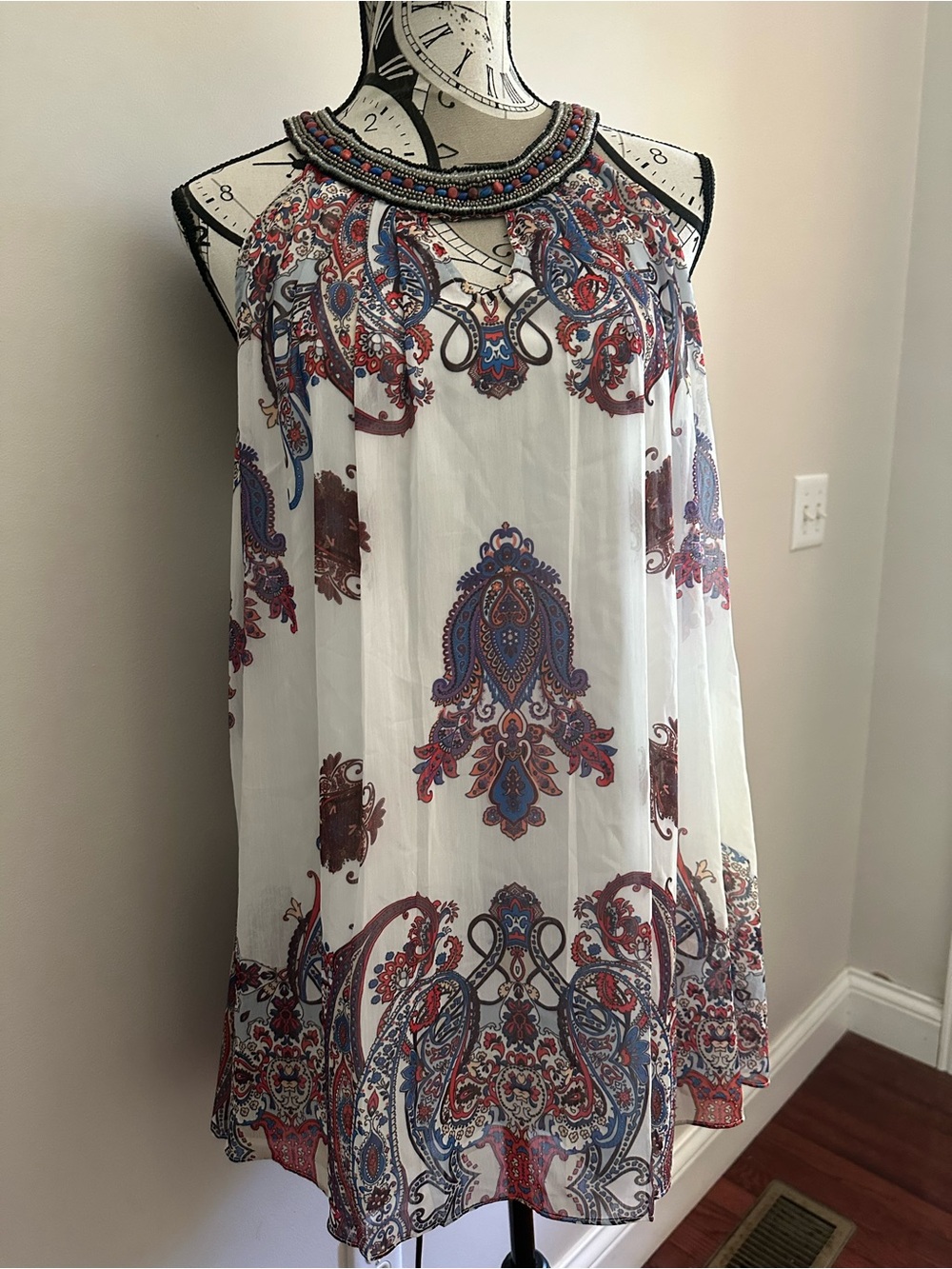 V Christina Boho Beaded Neckline Paisley Swing Top - White with Blue & Red NWT